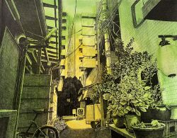 Rule 34 | apartment, bicycle, building, green theme, highres, ibsukionsen, landscape, lantern, no humans, original, paper lantern, plant, potted plant, power lines, road, scenery, street, tile wall, tiles, traditional media, utility pole, window