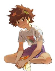1girl amphibia anne_boonchuy brown_eyes brown_hair closed_mouth collared_shirt dark_skin grey_shirt highres indian_style jocy3 leaf leaf_on_head light_blush light_smile pleated_skirt purple_skirt school_uniform shirt shoes short_hair sitting sjms_school_uniform skirt smile solo white_background yellow_shoes