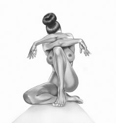 1girl absurdres breasts chernyart commentary completely_nude covering_face english_commentary full_body greyscale hair_bun highres large_breasts monochrome nipples nude original photo-referenced single_hair_bun sitting solo
