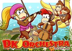 1girl 2boys blonde_hair brown_fur dated diddy_kong dixie_kong donkey_kong donkey_kong_(series) english_text furry furry_female furry_male hat holding holding_instrument holding_violin instrument long_hair multiple_boys necktie nintendo omayu5463 one_eye_closed open_mouth pink_hat red_hat red_necktie tail violin