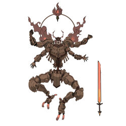 absurdres armor creature extra_arms fire full_body glowing glowing_weapon highres horns machine monte_tako original other_focus simple_background solo sword weapon white_background