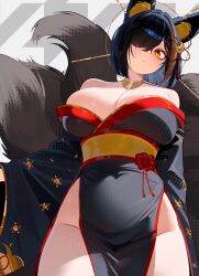 1girl :&lt; absurdres animal_ear_fluff animal_ears bare_shoulders black_hair black_kimono breasts commissioner_name flower fox_ears fox_girl fox_tail gold_halo gold_trim hair_ornament hair_over_one_eye halo highres japanese_clothes kimono kitsune large_breasts long_sleeves looking_at_viewer medium_hair mole mole_on_breast ms._tsu no_panties one_eye_covered original pelvic_curtain red_trim revealing_clothes shiny_skin simple_background single_hair_streak solo tail thick_thighs thighs yin_(krass) yin_yang