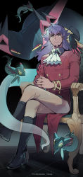 1boy absurdres ascot beige_pants black_footwear boots buttons chair closed_mouth commentary crossed_legs dark-skinned_male dark_skin dragapult dreepy facial_hair fingernails gen_8_pokemon highres interlocked_fingers leon_(pokemon) long_hair long_sleeves looking_at_viewer male_focus nintendo own_hands_together pokemon pokemon_(creature) pokemon_swsh purple_hair sitting tailcoat tile_floor tiles white_ascot yellow_eyes youchengyan