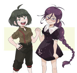 Rule 34 | 2girls, :d, ahoge, alternate costume, antenna hair, black dress, blush, buttons, commentary, cowboy shot, danganronpa (series), danganronpa another episode: ultra despair girls, dress, dress tug, english commentary, eyelashes, fukawa toko, glasses, green eyes, green hair, green pants, green shirt, hair between eyes, hand on own hip, highres, holding hands, kiana mai, long hair, multiple girls, naegi komaru, open mouth, pants, purple eyes, purple hair, round eyewear, scissor print, shirt, short hair, short sleeves, simple background, smile, teeth, upper teeth only, very long hair, white background
