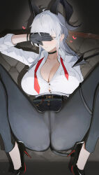 1girl absurdres ahoge black_choker black_gloves black_horns black_pants black_shoes black_tail blush breasts button_gap cameltoe choker closed_mouth collarbone collared_shirt commentary curled_horns demon_tail gloves grey_hair hand_up heart high-waist_pants high_heels highres horns jiuzaiqianjitian large_breasts long_hair m_legs mole mole_on_breast multicolored_hair necktie pants red_necktie shirt shirt_tucked_in shoes solo streaked_hair tail tight_clothes tight_pants undone_necktie white_shirt wuthering_waves zani_(wuthering_waves)