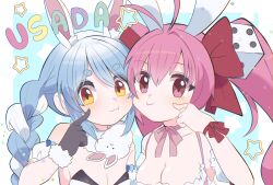 2girls absurdres animal_ears antenna_hair arm_garter bare_shoulders black_gloves blue_hair blush bow braid breasts character_name cheek-to-cheek cheek_poking choker chromatic_aberration cleavage closed_mouth collar collarbone commentary_request crossover detached_collar detached_sleeves di_gi_charat dice_hair_ornament extra_ears fur-trimmed_gloves fur_collar fur_trim gloves hair_bow hair_intakes hair_ornament heads_together highres hololive index_finger_raised long_hair looking_at_viewer multicolored_hair multiple_girls name_connection pink_hair pink_ribbon poking rabbit_ears red_bow red_eyes ribbon ribbon_choker shirt short_eyebrows sleeveless sleeveless_shirt thick_eyebrows twin_braids twintails two-tone_hair upper_body usada_hikaru usada_pekora virtual_youtuber wakimae62 white_collar white_hair white_shirt wrist_bow yellow_eyes