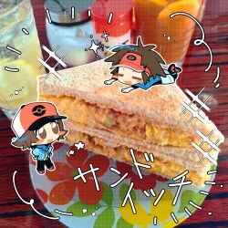 Rule 34 | 2boys, :d, absurdres, black pants, blue jacket, blush stickers, brown eyes, brown hair, chibi, chibi only, commentary, food, happy, hat, highres, hilbert (pokemon), jacket, kyuu999 bot, lying, male focus, multiple boys, nate (pokemon), nintendo, on stomach, open mouth, pants, photo background, pokemon, pokemon bw, pokemon bw2, shoes, smile, sparkle, standing, symbol-only commentary, translation request, visor cap