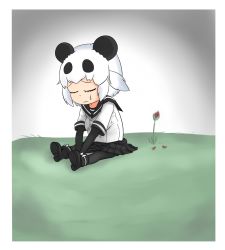 Rule 34 | 10s, 1girl, animal ears, black boots, black gloves, black pantyhose, black skirt, boots, chibi, closed eyes, drawfag, elbow gloves, exhentai, female focus, flower, frown, giant panda (kemono friends), gloves, hair flaps, highres, kemono friends, kemono friends 2, panda ears, pantyhose, parody, pleated skirt, sad, sad panda, sailor collar, school uniform, serafuku, short hair, sitting, skirt, solo, teardrop, v arms, white hair