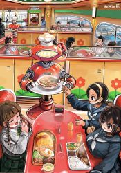 6+boys 6+girls artist_name black_eyes black_hair bowl braid breast_rest breasts brown_eyes brown_hair car chopsticks closed_eyes cup egg_(food) food glass glasses hai_to_hickory hair_between_eyes hair_ornament hairband hairclip highres huge_breasts interior large_breasts motor_vehicle multiple_boys multiple_girls noodles open_mouth original own_hands_together pleated_skirt ramen restaurant rice robot sausage school_uniform serafuku short_hair signature sitting skirt small_breasts smile soup steam sunny_side_up_egg tray twin_braids window