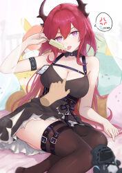 Rule 34 | 1girl, absurdres, anger vein, arknights, bare shoulders, belt, belt buckle, black belt, black dress, breasts, brown horns, brown thighhighs, buckle, character doll, chinese commentary, cleavage, commentary request, demon girl, demon horns, disembodied hand, doctor (arknights), dress, fingernails, food, hair between eyes, hair intakes, highres, holding, holding food, holding ice cream, horns, ice cream, infection monitor (arknights), large breasts, long hair, looking at viewer, paid reward available, purple eyes, red hair, runyo (yale12312), short dress, solo focus, speech bubble, spoken anger vein, surtr (arknights), thigh belt, thigh strap, thighhighs, tongue, tongue out, variant set