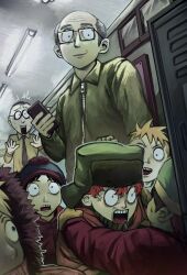 Rule 34 | 6+boys, anger vein, beanie, black eyes, black hair, black necktie, blonde hair, blue headwear, butters stotch, cellphone, collared shirt, dlcu3w, eric cartman, glasses, gloves, green headwear, green jacket, grey hair, hands up, hat, herbert garrison, highres, holding, holding phone, hood, hood up, indoors, jacket, kenny mccormick, kyle broflovski, long sleeves, mr mackey, multiple boys, necktie, open mouth, orange jacket, phone, red hair, red jacket, shirt, short hair, smartphone, smile, south park, stan marsh, teeth, v-shaped eyebrows, yellow gloves, yellow shirt