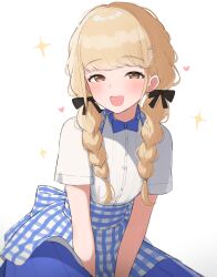 Rule 34 | 1girl, :d, black ribbon, blonde hair, blue skirt, braid, brown eyes, fujita kotone, gakuen idolmaster, hair ribbon, heart, highres, idolmaster, kunugi miyaco, long sleeves, open mouth, plaid clothes, plaid skirt, ribbon, simple background, skirt, smile, solo, sparkle, twin braids, white background