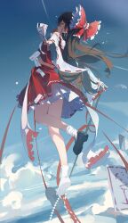 1girl absurdres between_fingers blue_sky bow brown_hair chinese_commentary closed_mouth cloud commentary_request day detached_sleeves fashi_laizi_weilai floating frilled_bow frilled_hair_tubes frills gohei hair_bow hair_tubes hakurei_reimu highres holding long_hair looking_at_viewer ofuda ofuda_between_fingers red_bow red_eyes red_skirt ribbon-trimmed_sleeves ribbon_trim right_shoe_removed shoes single_shoe skirt skirt_set sky socks solo touhou white_socks