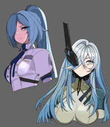 Rule 34 | 1girl, blue eyes, blue hair, blusphere (girls&#039; frontline 2), breasts, buttons, carvi be happy, double-breasted, formal clothes, girls&#039; frontline, girls&#039; frontline 2: exilium, grey background, highres, long sleeves, official alternate design, one eye covered, simple background, solo, suit, upper body, white suit