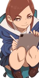 Rule 34 | 1girl, aonori misuji, black socks, blazer, blue jacket, blue skirt, bob cut, brand name imitation, brown eyes, brown hair, brown shoes, chair, closed mouth, collarbone, commentary, drawing (action), eizouken ni wa te wo dasu na!, eye reflection, feet on chair, foreshortening, from above, holding, holding stylus, holding tablet pc, inverted bob, ipad, jacket, knees up, loafers, looking at object, looking down, mizusaki tsubame, office chair, on chair, pleated skirt, reflection, sailor collar, school uniform, shoes, short hair, simple background, sitting, skirt, smile, socks, solo, stylus, swept bangs, swivel chair, tablet pc, thick eyebrows, white background, white sailor collar
