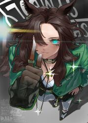 1girl absurdres animal_ear_piercing animal_ears belt black_gloves black_hair bolo_tie character_name collarbone commentary_request eyes_visible_through_hair from_above full_body gloves gold_trim green_eyes green_jacket hand_on_own_hip highres horse_ears horse_girl horse_tail index_finger_raised jacket jewelry long_hair looking_at_viewer navel o-ring o-ring_belt open_clothes open_jacket pants partial_commentary ring shoes sidelocks single_hair_intake smile sparkle speed_symboli_(umamusume) tail tonariuta umamusume very_long_hair watermark white_pants white_shoes