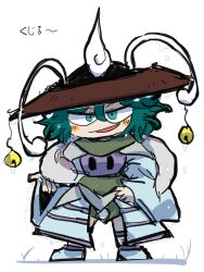 Rule 34 | 1other, ajirogasa, androgynous, antennae, aodo mikan, aqua eyes, aqua hair, armor, bell, black hat, blue boots, blue coat, blush stickers, boots, breastplate, brown hat, character name, coat, commentary request, full body, grass, green kimono, green scarf, green shorts, hair between eyes, hand on own hip, hat, highres, japanese clothes, kesa kujiru, kimono, len&#039;en, long sleeves, medium hair, open clothes, open coat, open mouth, other focus, scarf, short kimono, shorts, simple background, slime (substance), slug, smile, smug, solo, standing, two-tone hat, white background, wide sleeves