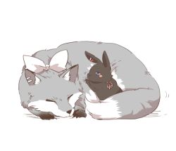 animal animal_ear_fluff animalization blue_eyes blush_stickers bow hair_ornament hairclip higuchi_kaede nijisanji no_humans pink_ribbon rabbit rebecca_(keinelove) ribbon shadow simple_background tsukino_mito virtual_youtuber white_background white_bow wolf
