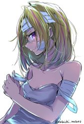 1girl bandaged_arm bandaged_head bandages bare_shoulders blonde_hair breasts collarbone eyepatch female_focus flip_flappers from_side jpeg_artifacts looking_at_viewer mataichi_mataro multicolored_hair off_shoulder profile purple_eyes serious shirt shirt_slip short_hair simple_background sketch sleeveless sleeveless_shirt small_breasts solo strap_pull strap_slip streaked_hair tank_top twitter_username undressing upper_body white_background yayaka