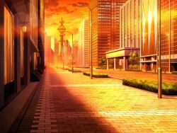 artist_request building bush cityscape cloud game_cg lamppost lens_flare magia_record:_mahou_shoujo_madoka_magica_gaiden mahou_shoujo_madoka_magica no_humans official_art orange_sky outdoors pillar radio_tower road scenery shade sidewalk sky skyscraper street sunlight sunset tree