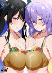 Rule 34 | 2girls, artist name, black hair, blue hair, breast press, breasts, burger print, cleavage, closed mouth, collarbone, colored inner hair, food-themed clothes, hair between eyes, highres, hololive, hololive english, hololive indonesia, kaiyen, long hair, mayonnaise, moona hoshinova, multicolored hair, multiple girls, nerissa ravencroft, pink eyes, purple eyes, purple hair, smile, star (symbol), star print, suggestive fluid, symmetrical docking, upper body, virtual youtuber
