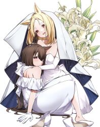 2girls admire_vega_(umamusume) animal_ears bare_shoulders barefoot blonde_hair breasts bridal_veil brown_hair collarbone commentary_request dress ear_ornament elbow_gloves female_focus flower gloves head_on_chest head_tilt highres horse_ears horse_girl horse_tail lily_(flower) long_hair looking_at_viewer multiple_girls narita_top_road_(umamusume) orange_eyes parted_hair pink_eyes shoes sitting smile strapless strapless_dress tail umamusume unworn_shoes veil wedding_dress white_background white_dress white_gloves white_shoes wife_and_wife yoino_iyo yuri