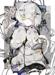 1girl absurdres animal_ears black_nails black_skirt cat_ears cat_girl cat_tail cowboy_shot fingernails glasses green_eyes grey_jacket hair_over_one_eye hands_up highres jacket looking_at_viewer original red-framed_eyewear skirt solo soresaki tail twintails white_hair