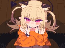 1boy 1girl animal_ear_fluff animal_ears animated animated_gif black_bra blinking blonde_hair blush bra censored choker demon_tail fellatio hetero jacket licking licking_penis loli long_hair looking_at_viewer looping_animation mosaic_censoring no_entity open_clothes open_jacket oral orange_jacket original penis pink_eyes pixel_art pointy_ears pov pov_crotch tail tongue tongue_out underwear