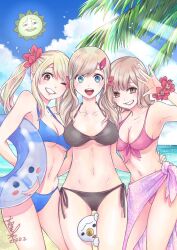 2020 3girls beach bikini blonde_hair blue_bikini blue_eyes breasts brown_eyes cleavage cloud cloudy_sky collarbone eden&#039;s_zero elie fairy_tail flower hair_flower hair_ornament hairclip highres long_hair looking_at_viewer lucy_heartfilia medium_breasts multiple_girls navel one_eye_closed palm_tree pink_bikini ponytail rave_(manga) rebecca_bluegarden sarong sky smile swimsuit tree twintails underboob water yoshikawa_miki