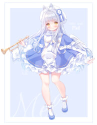 1girl angel angel_wings animal_ears award_ribbon beret blue_background blue_capelet blue_dress blue_shoes blush border bow bowtie capelet character_name closed_mouth dress feathered_wings frills full_body grey_hair hat holding holding_instrument instrument instrument_request long_hair long_sleeves looking_at_viewer omochi_monaka original petticoat puffy_long_sleeves puffy_sleeves rabbit_ears shoes smile socks solo standing standing_on_one_leg white_border white_bow white_bowtie white_hat white_socks wings yellow_eyes