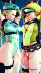 2girls 3d absurdres alternate_color alternate_costume alternate_hairstyle antenna_hair arms_up bare_shoulders blonde_hair blue_eyes braid breasts cameltoe cammy_white covered_navel curvy gloves hat highleg highleg_leotard highres leotard lips long_hair looking_at_another medium_breasts multiple_girls multiple_persona official_alternate_costume ryona screencap shiny_clothes smile street_fighter street_fighter_v stretching thighs third-party_edit thong_leotard twin_braids very_long_hair white_leotard wide_hips