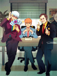 4boys adjusting_eyewear arm_up artist_name bald belt belt_buckle better_call_saul black_belt black_eyes black_jacket black_pants black_shoes black_suit blonde_hair blue_necktie blue_ribbon blue_shirt breaking_bad brown_hair buckle buttons chair closed_mouth collared_shirt commentary crossed_legs crossover desk double_finger_gun dress_pants dress_shoes earpiece elbows_on_table english_commentary facial_hair finger_gun folding_fan formal_clothes full_body gintama goatee grey_eyes grey_jacket grey_pants grey_suit grin hand_fan hands_up highres holding holding_fan indoors interlocked_fingers jacket lapel_pin lapels light_particles long_sleeves looking_at_viewer male_focus mike_ehrmantraut mob_psycho_100 multiple_boys multiple_crossover necktie notched_lapels office office_chair old old_man on_chair own_hands_clasped own_hands_together pants phone plant poster_(object) potted_plant red-framed_eyewear red_necktie red_pants red_suit reigen_arataka ribbon sakata_gintoki saul_goodman shirt shoes short_hair siotomato sitting smile sparkle standing striped_clothes striped_jacket striped_pants suit suit_jacket swivel_chair table tile_floor tiles trait_connection vertical-striped_clothes vertical-striped_jacket vertical-striped_pants vertical-striped_suit white_hair window window_blinds wing_collar yellow_shirt