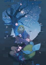 1girl absurdres black_sailor_collar blonde_hair bow brick_wall cherry_blossoms falling_petals fireworks flower hair_bow hair_ornament hairclip highres holding irple kagamine_rin looking_up neckerchief night night_sky outdoors petals pleated_skirt reflection sailor_collar school_uniform serafuku shirt short_hair sitting skirt sky tree vocaloid white_bow