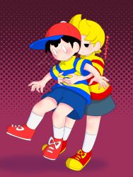2boys awkward black_hair blonde_hair blush child elementary_schoolboy embarrassed hug lucas_(mother_3) mother_(series) mother_2 mother_3 mrsksigure multiple_boys ness_(mother_2) nintendo shota smiel smile super_smash_bros. sweat sweatdrop trapped yaoi