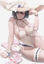 Rule 34 | 1girl, absurdres, arm support, bare shoulders, black choker, black hair, bow, bracelet, breasts, brown eyes, choker, closed mouth, commentary, covered navel, free style (yohan1754), frilled thigh strap, halterneck, hand on headwear, hat, hat bow, highres, jewelry, large breasts, looking at viewer, one-piece swimsuit, original, pink shawl, shawl, short hair, simple background, sitting, smile, solo, straw hat, swimsuit, symbol-only commentary, thigh strap, white bow, white one-piece swimsuit