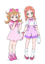 Rule 34 | 2girls, bag, bow, bowtie, brown hair, clenched hands, closed mouth, clothing cutout, commentary, crop top, dress, full body, green eyes, hair bow, hair ornament, hands up, heart, heart hair ornament, highres, holding, holding bag, holding leash, hood, hood down, hooded dress, inukai iroha, inukai komugi, leash, long hair, looking at viewer, multiple girls, neck ribbon, orange hair, paw pose, pink bow, pink bowtie, pink dress, pink ribbon, pink shoes, pink shorts, precure, red eyes, ribbon, shirt, shoes, short hair, short sleeves, shorts, shoulder cutout, sidelocks, simple background, smile, socks, split mouth, standing, suspender shorts, suspenders, white background, white shirt, white socks, wonderful precure!, yakizakana10967