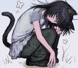 1girl animal_ears black_hair black_pants black_shoes cat_ears cat_girl cat_tail film_grain full_body grey_shirt highres layered_skirt long_hair original pants pants_under_skirt pleated_skirt polka_dot polka_dot_background purple_eyes raglan_sleeves shirt shoes short_sleeves skirt solo squatting striped_clothes striped_shirt tail tokiwa_(rqawxl) tongue tongue_out white_shirt white_skirt