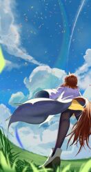 1girl 3333iyasy agnes_tachyon_(umamusume) animal_ears back blue_sky boots brown_hair cloud coat confetti film_grain from_behind grass high_heel_boots high_heels highres horse_ears horse_girl horse_tail lab_coat long_sleeves medium_hair outdoors pantyhose sky sleeves_past_fingers sleeves_past_wrists solo standing sweater_vest tail umamusume white_coat yellow_sweater_vest
