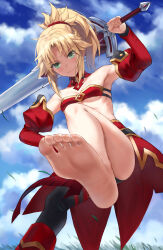 1girl armpits bandeau bare_shoulders barefoot blonde_hair blue_sky braid breasts clarent_(fate) detached_collar detached_sleeves fate/apocrypha fate/grand_order fate_(series) feet foot_focus green_eyes half_up_braid highres holding holding_sword holding_weapon long_hair looking_at_viewer mordred_(fate) mordred_(fate/apocrypha) parted_bangs ponytail sidelocks single_thighhigh sky small_breasts smile soles solo sword thighhighs toenails toes tonee weapon