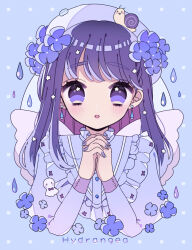 1girl :o beret blue_background blue_dress blush commentary cropped_torso dress earrings flower hair_flower hair_ornament hat hydrangea insect_on_head jewelry long_hair long_sleeves looking_at_viewer nagihoko original own_hands_clasped own_hands_together parted_lips purple_eyes purple_hair purple_nails rain snail solo star_(symbol) star_in_eye straight-on symbol_in_eye teardrop_earrings white_hat