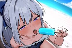 Rule 34 | 1girl, absurdres, beach, blue archive, blue bow, blue one-piece swimsuit, blurry, blurry background, blush, bow, breasts, cleavage, collarbone, covered navel, day, dot nose, fingernails, food, frilled one-piece swimsuit, frills, grey hair, hair bow, hair intakes, highres, holding, holding food, holding popsicle, imminent eating, in shadow, long hair, looking at viewer, miyako (blue archive), miyako (swimsuit) (blue archive), ocean, off-shoulder one-piece swimsuit, off shoulder, official alternate costume, official alternate hairstyle, one-piece swimsuit, open mouth, outdoors, popsicle, purple eyes, sexually suggestive, sidelocks, signature, solo, sweat, swimsuit, tongue, tongue out, wet, withergodwings