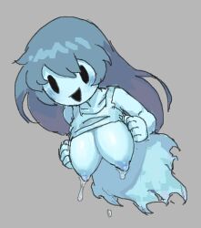 1girl alternate_breast_size blue_hair blue_tank_top breasts clothes_lift full_body ghost kinshi76 lactation large_breasts nipples shirt_lift solid_oval_eyes solo spooky&#039;s_house_of_jump_scares spooky_(shojs) tank_top