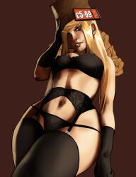 1girl arc_system_works bra garter_belt garter_straps gloves guilty_gear guilty_gear_strive hat lingerie millia_rage pivotkraner thighhighs underwear