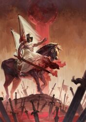 1boy armor armored_animal banner battle_standard blood blood_on_clothes bloody_weapon christian_mythology commentary delarave english_commentary field_of_blades flag full_moon greatsword helm helmet holding holding_weapon horseback_riding moon outstretched_arm pool_of_blood red_horse red_moon riding sword torn_flag war_(book_of_revelation) war_banner weapon white_flag