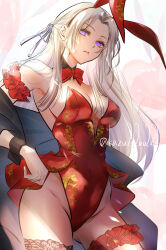 1girl animal_ears armpits bare_shoulders black_shrug black_thighhighs bow bowtie breasts cleavage covered_navel detached_collar edelgard_von_hresvelg fire_emblem fire_emblem:_three_houses hair_ribbon highres jewelry kazu20200224 leotard long_hair looking_at_viewer medium_breasts navel nintendo nontraditional_playboy_bunny playboy_bunny purple_eyes rabbit_ears red_bow red_bowtie red_leotard ribbon shrug_(clothing) solo thighhighs thighlet white_hair wrist_cuffs