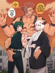 1boy 2girls absurdres anger_vein belt black_kimono black_pants bob_cut bright_pupils brown_eyes brown_hair brown_nails chest_tattoo clenched_teeth cloud diforland earrings english_text extra_arms extra_eyes grabbing_another&#039;s_ass green_hair green_nails green_shirt groping highres japanese_clothes jewelry jujutsu_kaisen kimono looking_at_another looking_at_viewer multicolored_nails multiple_girls muscular muscular_male open_mouth orange_sky outdoors pants red_nails ryoumen_sukuna_(jujutsu_kaisen) scar scar_on_arm scar_on_face screentones shirt short_hair sky sleeveless sleeveless_shirt speech_bubble tattoo teeth topless_male two-tone_kimono uraume_(jujutsu_kaisen) white_belt white_hair white_kimono white_nails white_pupils zen&#039;in_maki
