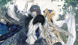 Rule 34 | 1boy, 1girl, arthropod boy, artoria caster (fate), artoria caster (third ascension) (fate), artoria pendragon (fate), back-to-back, back cutout, blonde hair, blue bow, blue eyes, bow, cape, closed eyes, clothing cutout, commission, crown, diamond hairband, dragonfly wings, dress, f3000 kiara, fate/grand order, fate (series), flower, flower bush, fur-trimmed cape, fur trim, grey hair, hair bow, highres, insect wings, long hair, long sleeves, medium hair, oberon (fate), oberon (third ascension) (fate), ponytail, shirt, smile, upper body, white dress, white shirt, wide sleeves, wing cape, wings