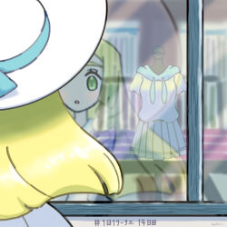 1girl :o absurdres blonde_hair commentary_request day eyelashes green_eyes hat hat_ribbon highres hiyokko2min lillie_(pokemon) long_hair nintendo open_mouth outdoors pokemon pokemon_sm reflection ribbon shirt skirt sun_hat translation_request unworn_shirt unworn_skirt white_hat window