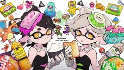 2girls :o anniversary bare_shoulders black_dress black_hair black_jumpsuit bottle bow-shaped_hair bowl bread bread_slice breasts callie_(splatoon) charizard closed_mouth collar commentary_request copyright_name cross-shaped_pupils crossover detached_collar dragon_quest dress earrings food gen_1_pokemon gloves grey_hair healslime highres holding holding_bottle holding_bowl holding_food iced_tea inkling inkling_(swim_form) inkling_girl inkling_player_character jewelry jumpsuit kinoko_no_yama long_hair looking_at_viewer marie_(splatoon) maruchan_akai_kitsune_udon maruchan_midori_no_tanuki_tensoba mole mole_under_eye multiple_crossover multiple_girls nintendo octarian_(enemy) octotrooper ogi_no_hi onigiri open_mouth pointy_ears pokemon rice rice_bowl short_hair small_breasts smile splatoon_(series) splatoon_1 strapless strapless_dress swept_bangs symbol-shaped_pupils takenoko_no_sato tentacle_hair toast upper_body venusaur white_background white_collar white_gloves yellow_eyes