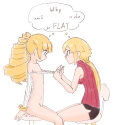 2girls age_difference archer_(disgaea) bare_arms bare_shoulders black_skirt blue_eyes blunt_bangs breasts chair clothed_female_nude_female detached_sleeves disgaea drill_hair english_text expressionless feet_out_of_frame flat_chest from_side glasses groin jaggy_lines liveactors long_sleeves looking_down lowres measuring medium_breasts medium_hair miniskirt multiple_girls no_nipples nude ponytail professor_(disgaea) red_eyes red_sweater shared_thought_bubble simple_background skirt sleeveless sleeveless_turtleneck speech_bubble sweater tape_measure tareme thought_bubble tsurime turtleneck turtleneck_sweater white_background white_sleeves wrist_cuffs yellow_wrist_cuffs
